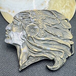 Indiana Metal Craft signed  Native Chief Belt Buckle in Aged Brass Tone